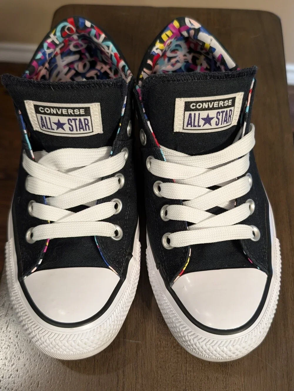 Converse Black Low Top Sneakers with Colorful Patterned Lining